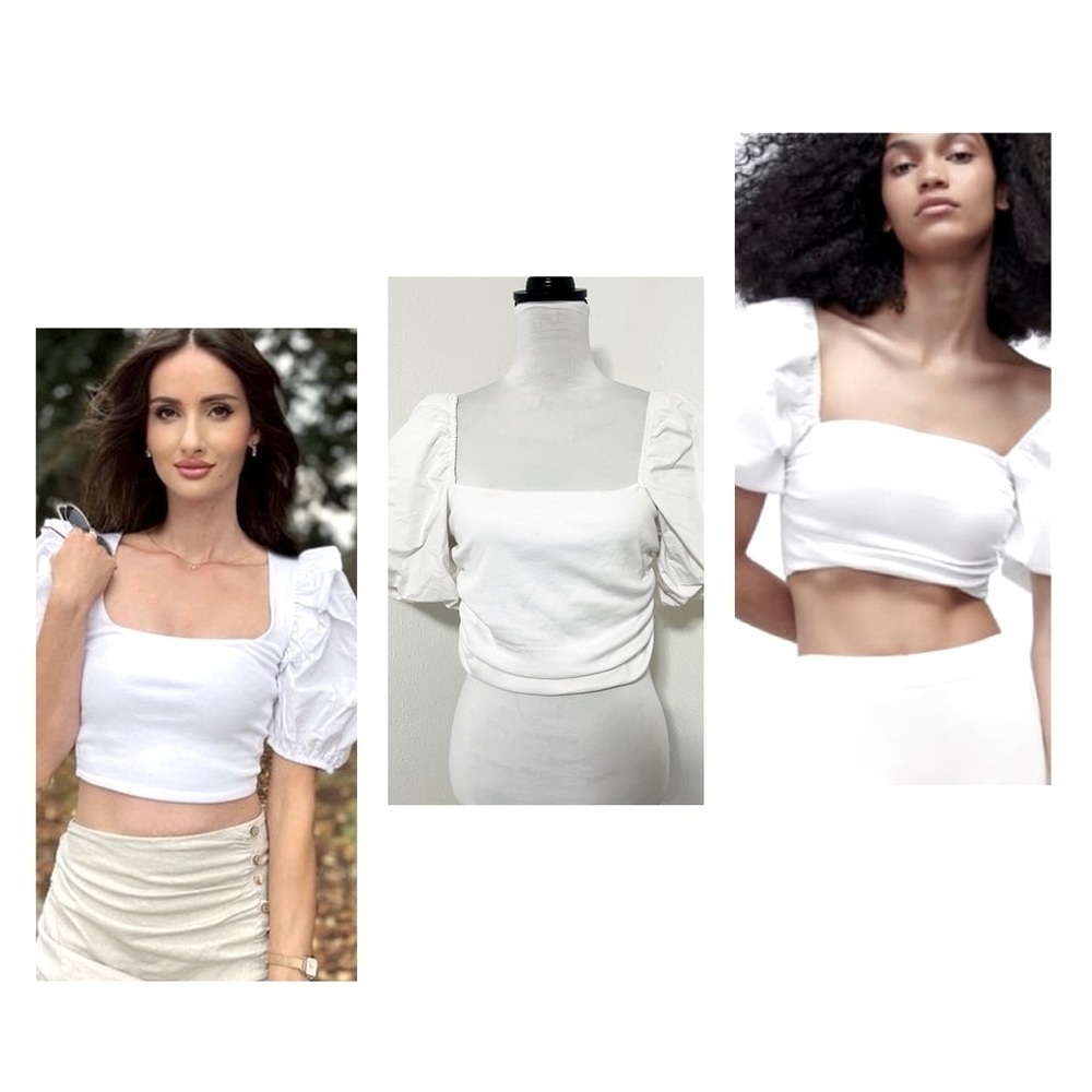 ZARA Women’s Large White Ribbed Crop Top Puff Everyday Cottagecore Everyday